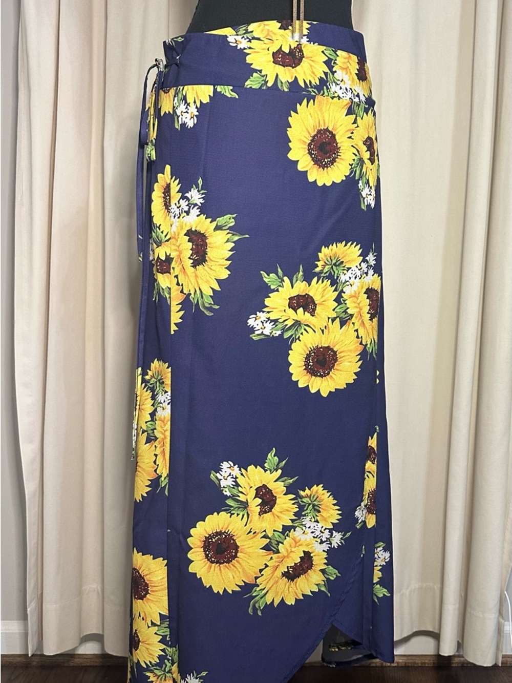 Sunflower Print Navy Wrap Maxi Skirt